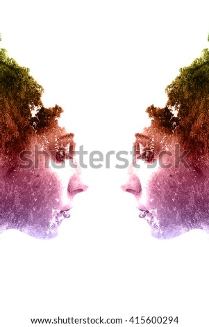 Double exposure of beautiful girl. Face to face