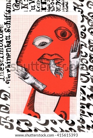 The hand made applique illustration of the surreal red face with the legs and hands made with the different paper textures and ink pen 