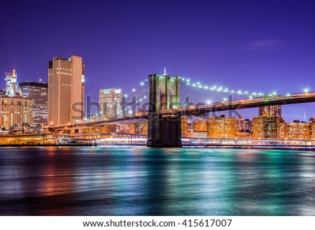 A scenic night view of the Brooklyn Bridge from the Brooklyn Bridge Park in New York