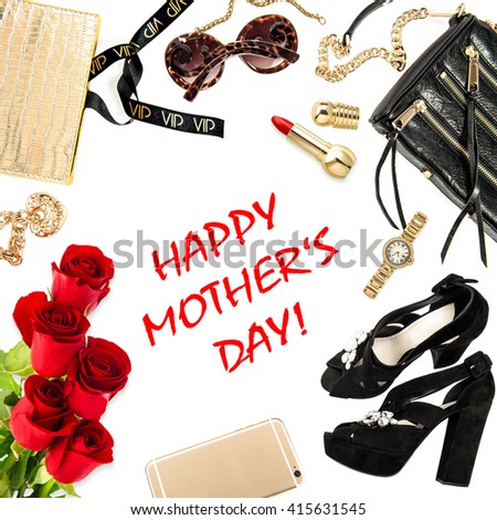 Fashion lady accessories, cosmetics, shoes, mobile phone, jewelry and rose flowers. Happy Mothers day! Holidays concept. Mothers day greetings card. Mothers day concept. Mothers day