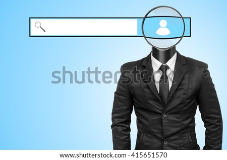 Suit with magnifying glass head, Concept of search.