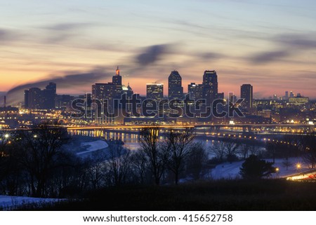 A Long Exposure Winter Dusk Shot of the Twin Cities, St. Paul in the Foreground and Minneapolis in the Background, from the Famous Indian Burial Mound Park Vantage Point
