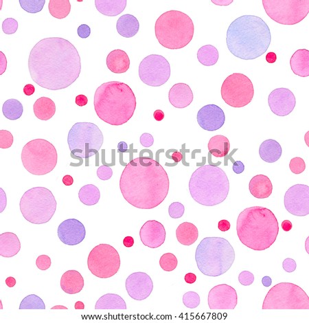 Watercolor confetti dots pattern. Seamless texture with pink, purple  dots on white background. Hand drawn abstract baby wallpaper