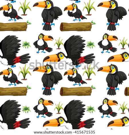Seamless toucans and wooden log illustration
