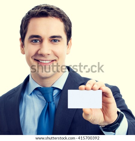Happy smiling senior businessman showing blank business card with blank empty copyspace area for sign or slogan text. Marketing and advertising concept.