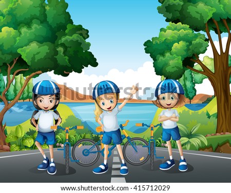 Three girls riding bike on the road illustration