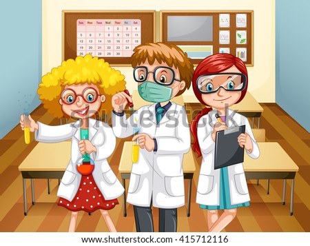 Three scientists with beakers in the classroom illustration