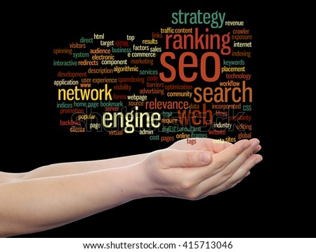 Concept or conceptual search engine optimization, seo abstract word cloud in hand isolated on background, metaphor to marketing, web, internet, strategy, online, rank, result,  network, top, relevance
