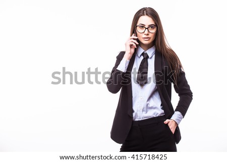 happy confident businesswoman talking on the mobile cell phone isolated on white