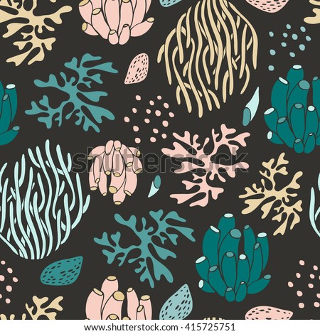 Seamless pattern with cartoon underwater plants and creatures. Vector.