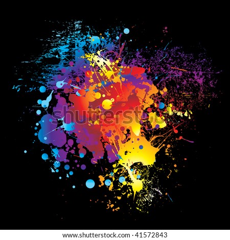 illustrated Brightly colored rainbow ink splat black background