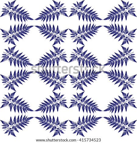 Vector floral seamless pattern. Blue silhouette palm leaves or fern plants seamless pattern on white isolated background in vector. Vector abstract floral illustration with exotic prints leaves 