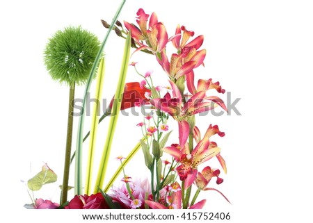 Assorted Artificial Flower Bouquet in multiple Color of Yellow and many kind of flowers in Studio Lighting on White Background Powder puff lily