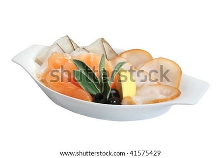 Snack of different fish varieties - combination of smoked salmon, sturgeon and halibut