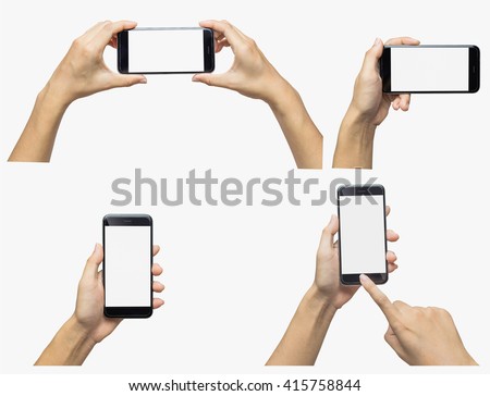 Woman hand holding iphon isolated on white background. Smartphone white screen
