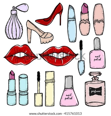 Hand drawn cosmetics and fashion make up objects: lipstick, mascara, perfume, nail polish, shoes. Fashion and beauty trend. Sketch illustration.  Vector isolated objects.
