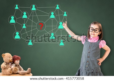 Cute little girl wearing business dress and showing social network or multi level marketing connection concept illustration on green chalk board. 