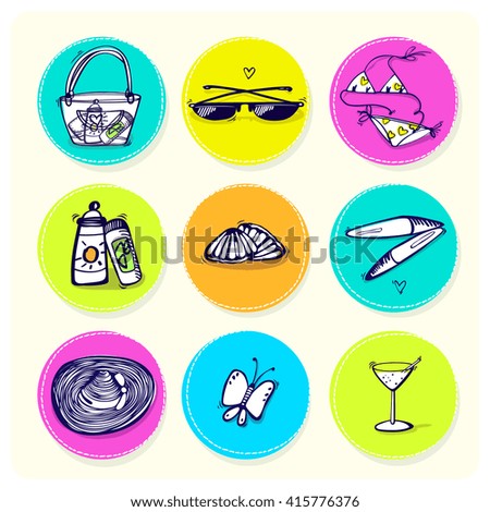 Set of hand-drown beach and seaside flat icons with shadows. Vector illustration.