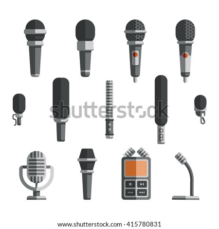 Microphones and dictaphone vector flat icons. Icon microphone, dictaphone electronic and recorder microphone, equipment microphone, device dictaphone, audio technology dictaphone illustration