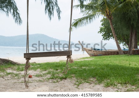 Rope swing under tree on ocean beach in sunny day