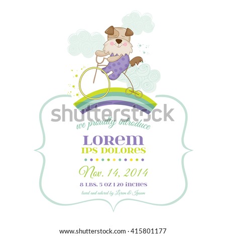 Baby Shower or Arrival Card. Cute Dog on a Bike, in vector