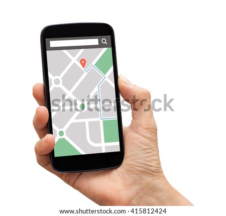 Hand holding a black smart phone with map gps navigation application on screen. Isolated on white background. All screen content is designed by me.
