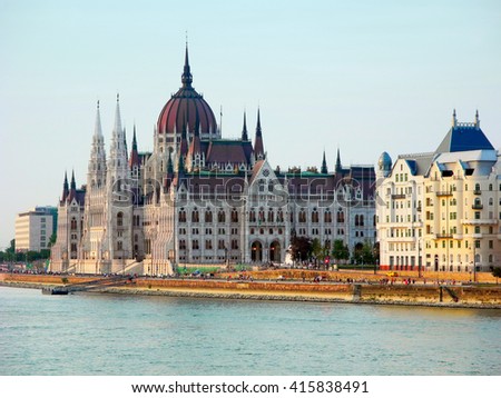 Royal Palace and boats on the river Danube in Budapest, Hungary.