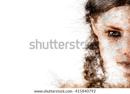 Half face of a young woman. Image with a digital effects 