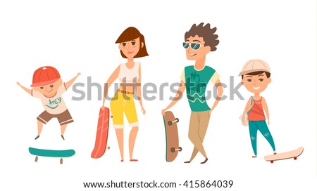 Cool children riding skateboard. Urban cartoon characters: two boys in baseball caps, girl in shorts, young man in sunglasses. Vector illustration of skaters boys and girls. Active lifestyle. 