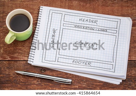 designing website layout - a sketch in a spiral notebook with a cup of coffee Royalty-Free Stock Photo #415864654