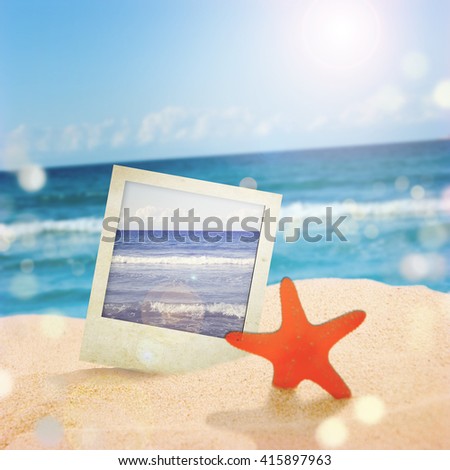 Retro Instant photo on beach sand In summer.