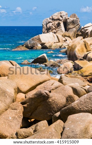 Sunny summer rocky tropical ocean shore perfect place to relax, Seychelles Island
