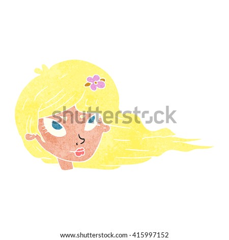 freehand retro cartoon woman with blowing hair