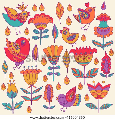 Set of vector flowers and birds. Vector floral set. Graphic collection with leaves, herbs, birds, drops and flowers, drawing elements. Spring theme design for invitation, wedding or greeting cards.