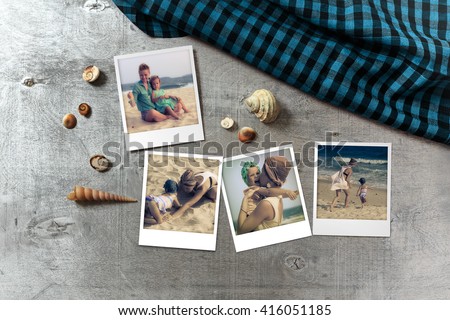 Part of set. Beautiful seaside snapshots arranged on rustic wooden background with seashells and a scarf around, horizontal top view