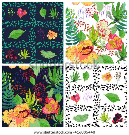 Set of seamless floral backgrounds. Seamless tropical floral pattern with hand drawn flowers. Vector illustration.