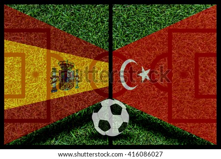 Spain vs Turkey football flag background on green pitch 2016