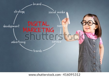 Cute little girl wearing business dress and drawing circular diagram of structure of digital marketing process and elements. Blue background. 