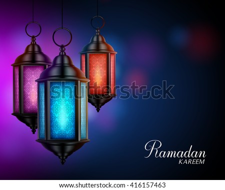 Ramadan Kareem Greetings with Colorful Set of Lanterns or Fanous in a Dark Glowing Background. 3D Realistic Vector Illustration
 Royalty-Free Stock Photo #416157463
