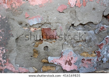 Old wall with cracks and peeling paint. Old lime whitewash. Background. Texture. The wall needs repair. Decorative Facade. 