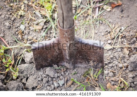 Old rusty garden shovel stuck in the ground. Spade bayonet shovel with worn out and cracked handle stock photo.