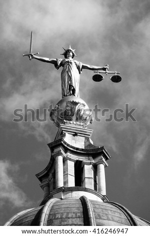 Black & white image of the Scales of Justice of the Central Criminal Court fondly known as The Old Bailey in the city of London, England, UK