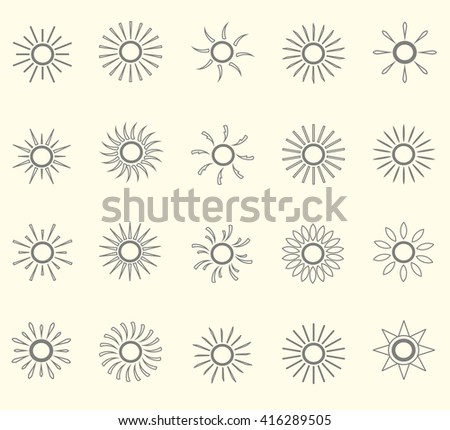 Set of sun line icons. Thin grey line on light pink background, vector illustration