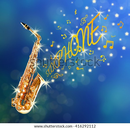Saxophone and notes coming out against blue background