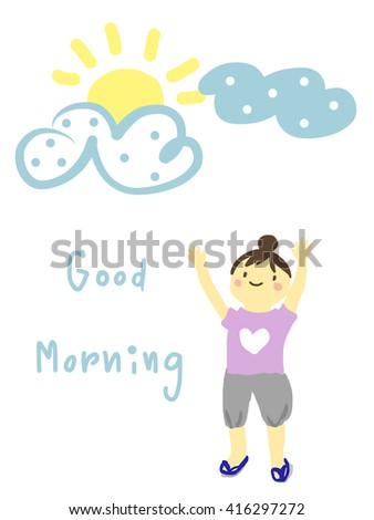"Good Morning" with cheerful girl on a sunshine day â?? vector, illustration