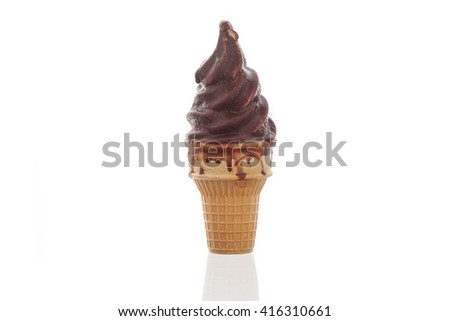 Chocolate ice cream cone melted on white background 