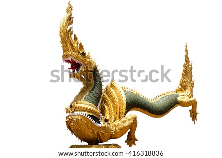 Golden Naga Big snake statue isolated in white background