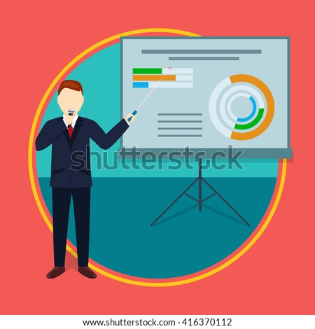 Successful Businessman With Microphone Showing Infographics With Laser Pointer And Talking, Presentation, Meeting, Teamwork, Seminar, Management, Speech, Leader, Course, Strategy, Boss Concept