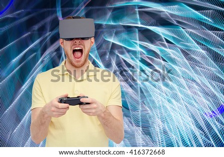 3d technology, virtual reality, entertainment and people concept - man with virtual reality headset or 3d glasses playing with game controller gamepad and screaming over spiral neon lights background