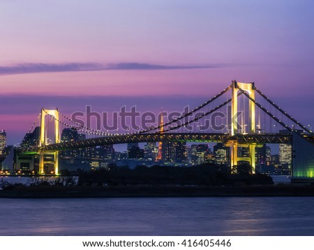 Cityscape view of Rainbow bridge from Tokyo bay scenic point at Odaiba in twilight scene